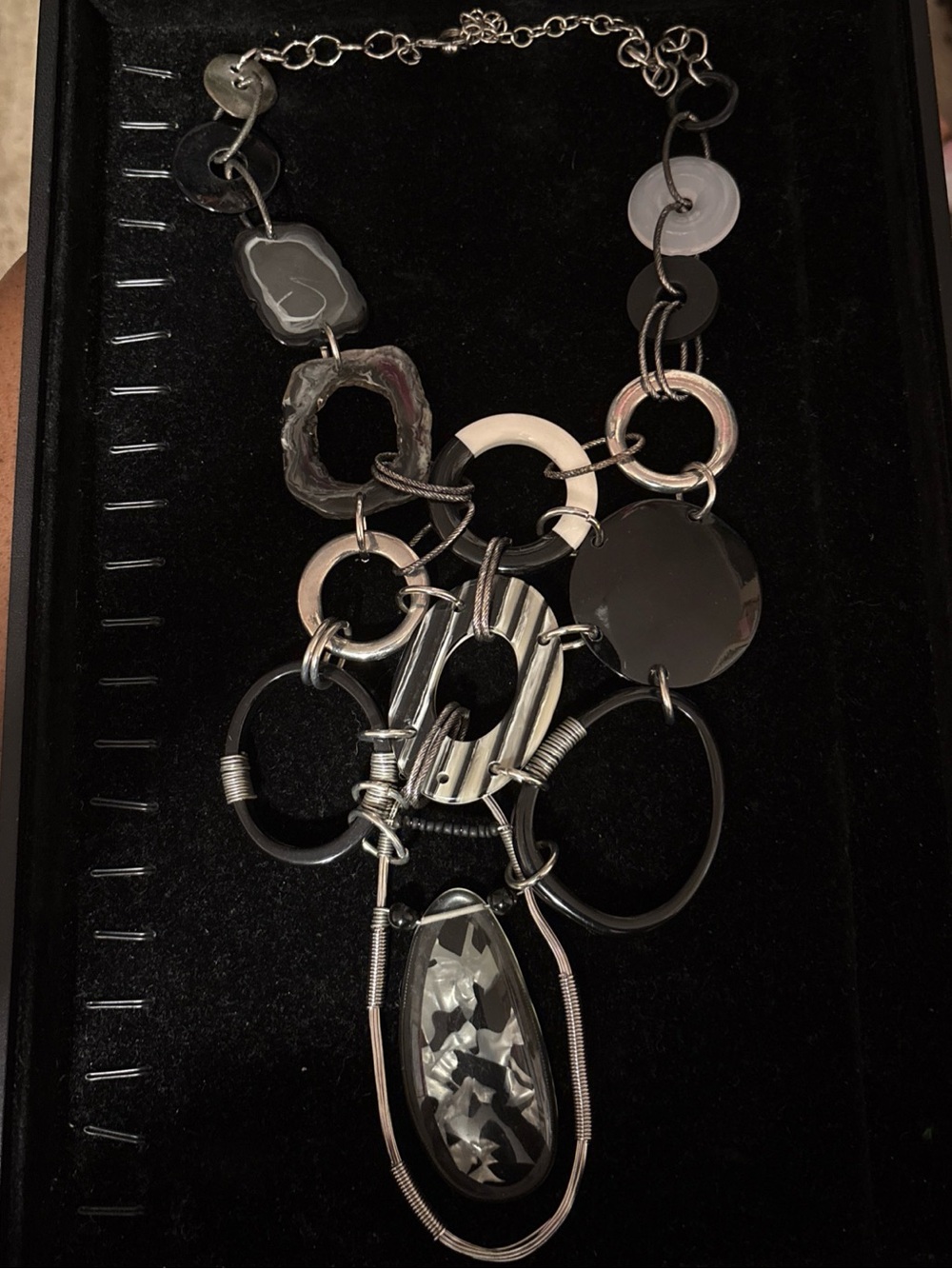 Treska Black and Silver Mixed Ring Pendant Necklace